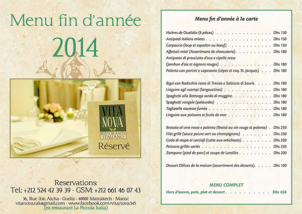 Restaurant Marrakech Vita Nova Réveillon 2015